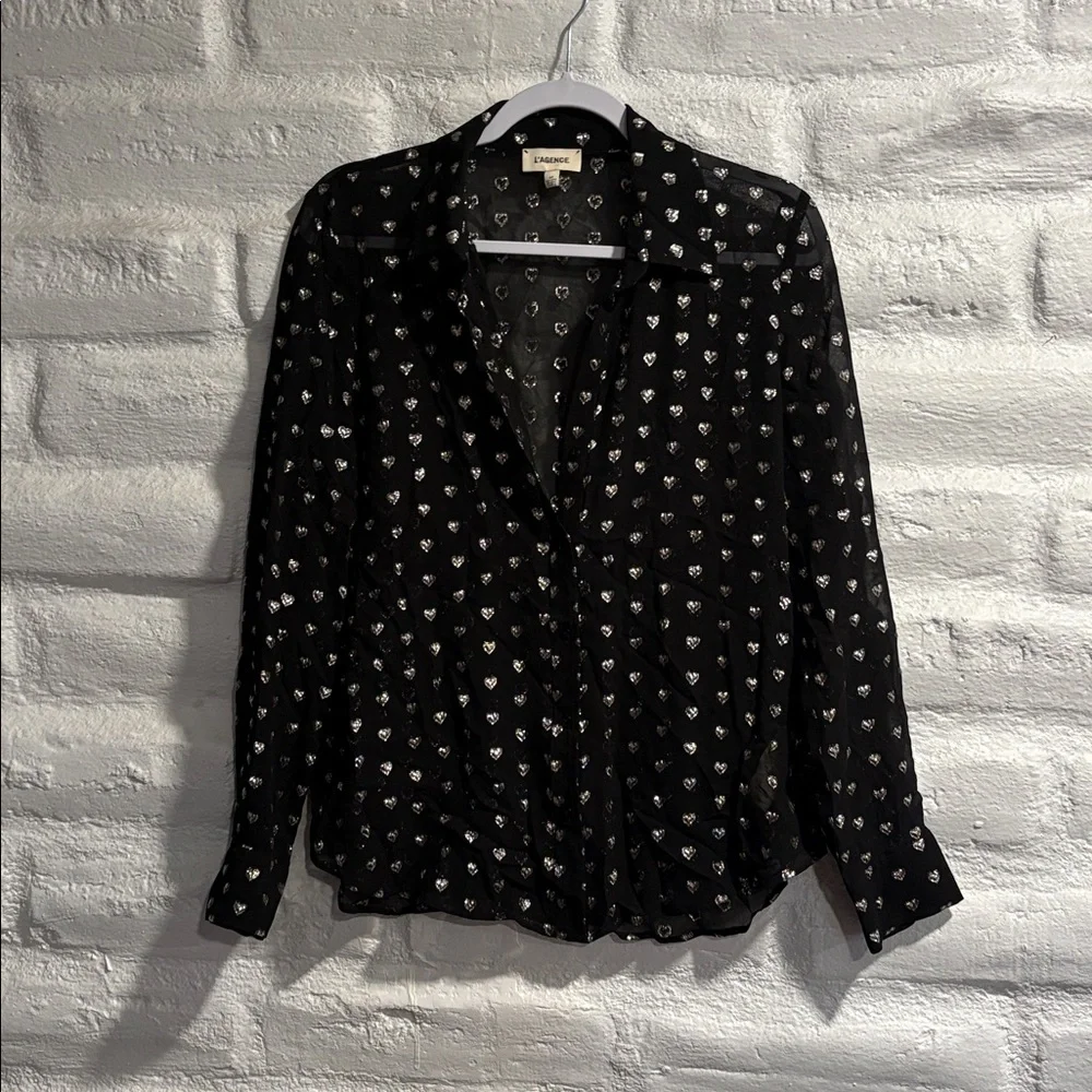 L’Agence Hailie Black & Silver Hearts Semi Sheer Blouse - Picture 4 of 11